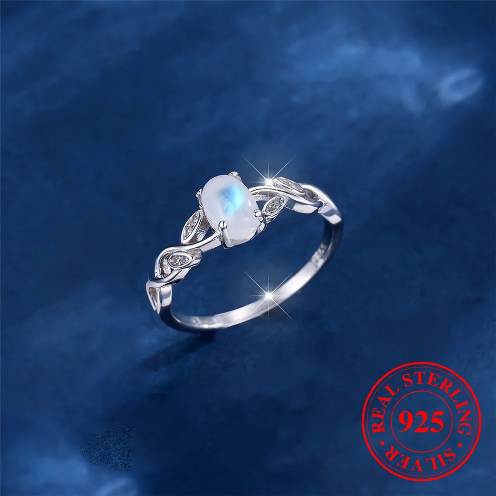 Cute Female Small Oval Nature Moon Stone Ring Vintage Real 925 Sterling Silver Wedding Jewelry For Women