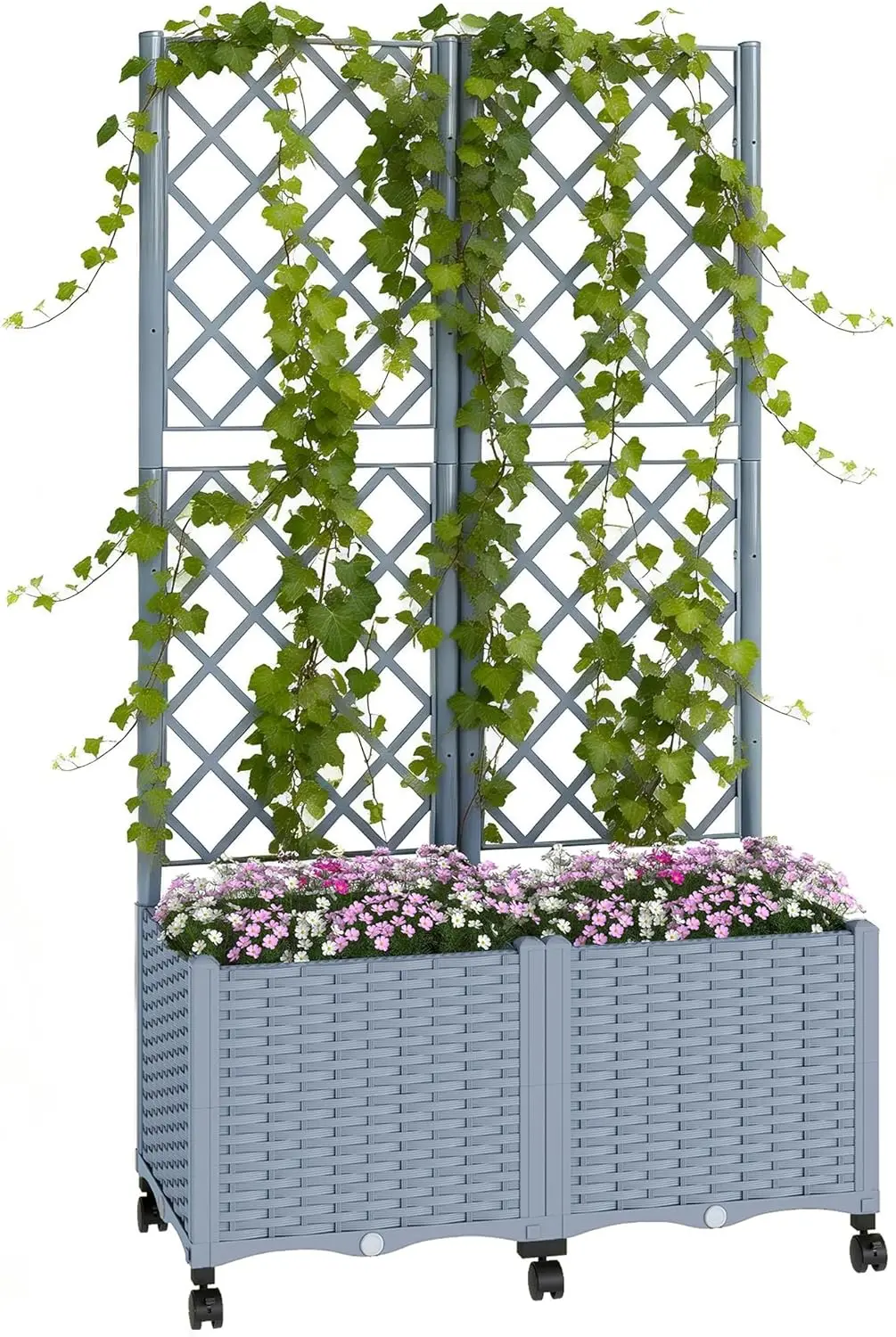 Planter Box with Trellis, Self Watering Raised Garden Bed with Lockable Wheels, 56.3