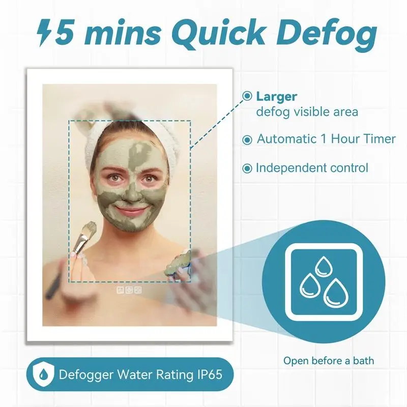 Lustro łazienkowe LED 36x28 cali, funkcja odmgławiająca w 5 minut, odbicie Full HD, 3 kolory oświetlenia z możliwością ściemniania, montaż ścienny, stylowy design dla nowoczesnego wnętrza.