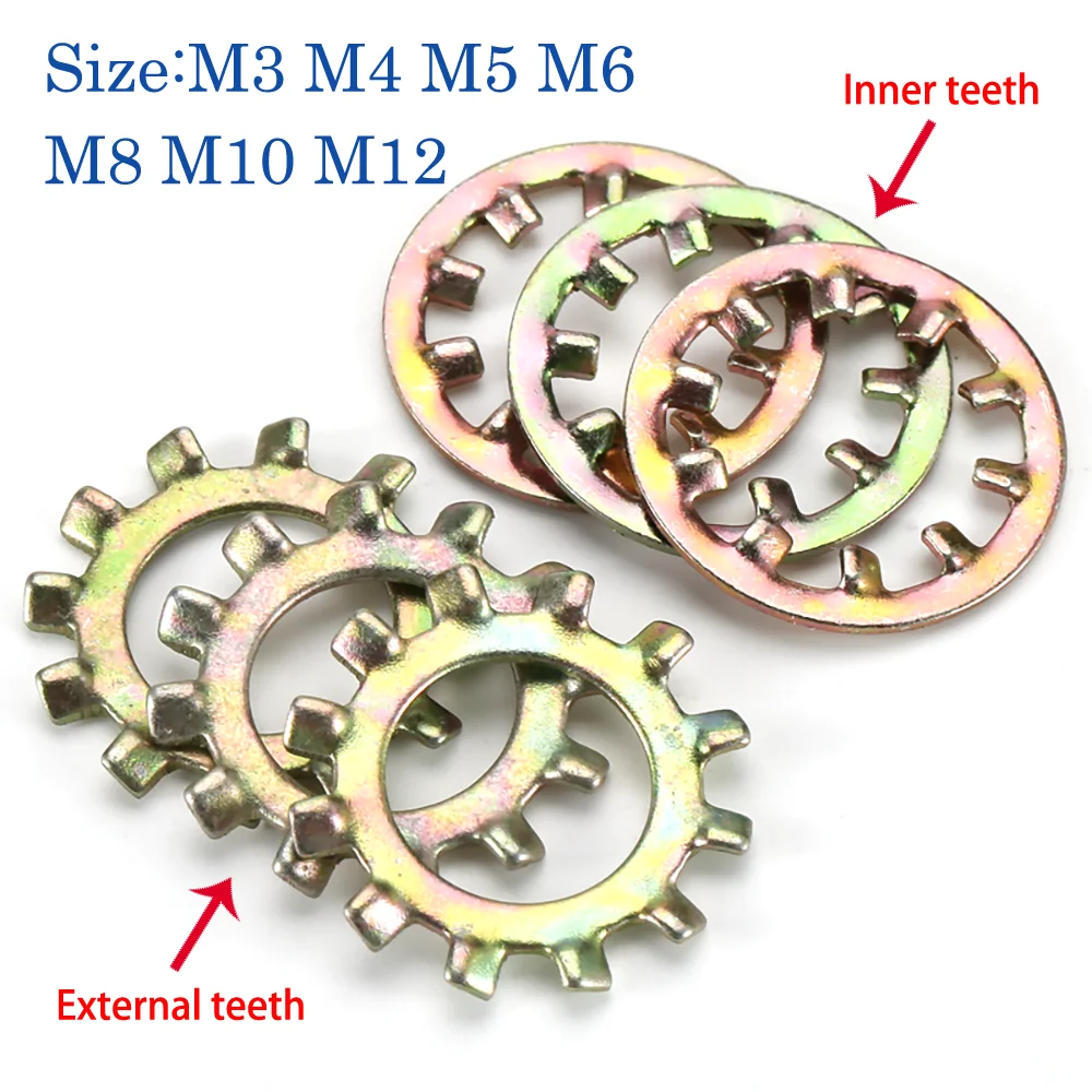 100-1000pcs Internal Toothed Washer External Teeth Lock Washers Carbon Steel Galvanized Anti-Skid Gasket M3 M4 M5 M6 M8 M10 M12