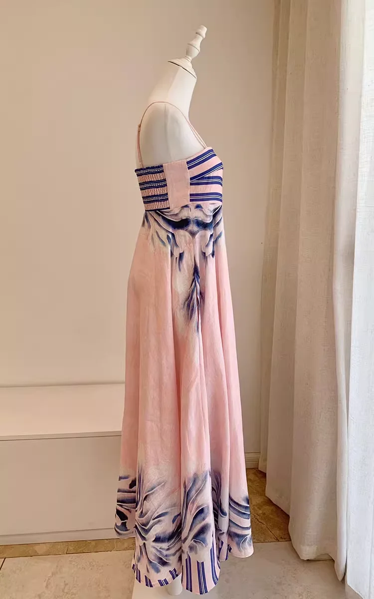 100% リネンの女性のロングスリングドレス 2025 新しい花柄ノースリーブハイウエストホリデーレディースローブ