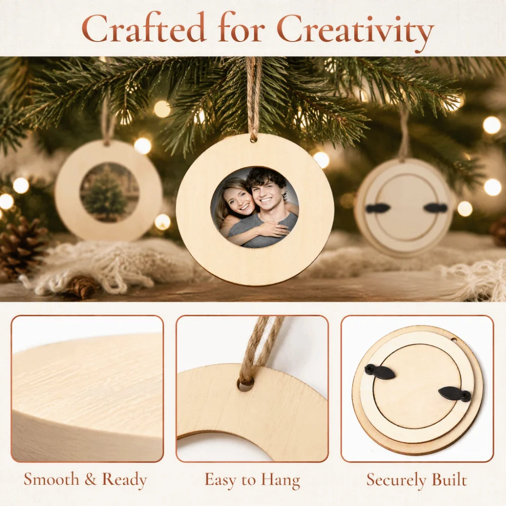 10Pcs Set Wood Mini Photo Frame 3.94in Scrapbooking Size Round Wooden Frame Round Shape Hanging Rope Picture Holder