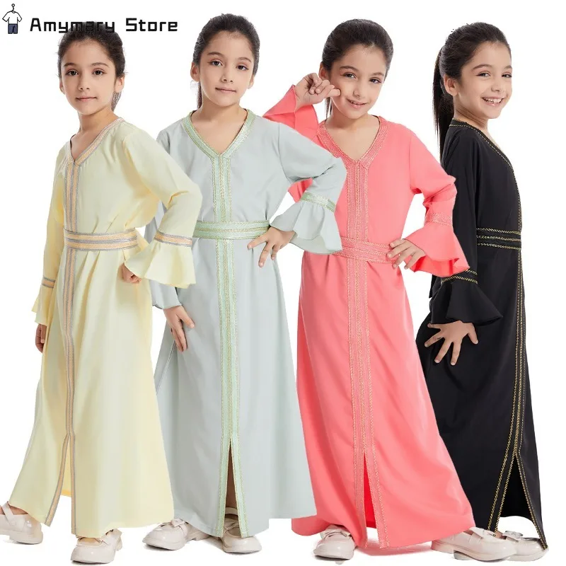 

New Kids Girls Muslim Abaya Prayer Robe Dubai Saudi Arabia Turkey Kaftan Ramadan Holiday Gown V-neck Flared Sleeve Maxi Dress