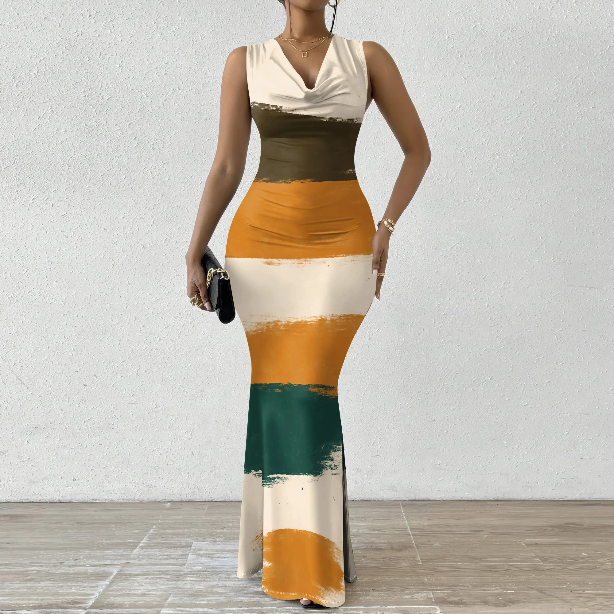 

Earth Tone Maxi Dress XS-2XL Bodycon Sleeveless Brush Stripe Style for Afro Cultural Parade, Fall Fashion or Gallery Look