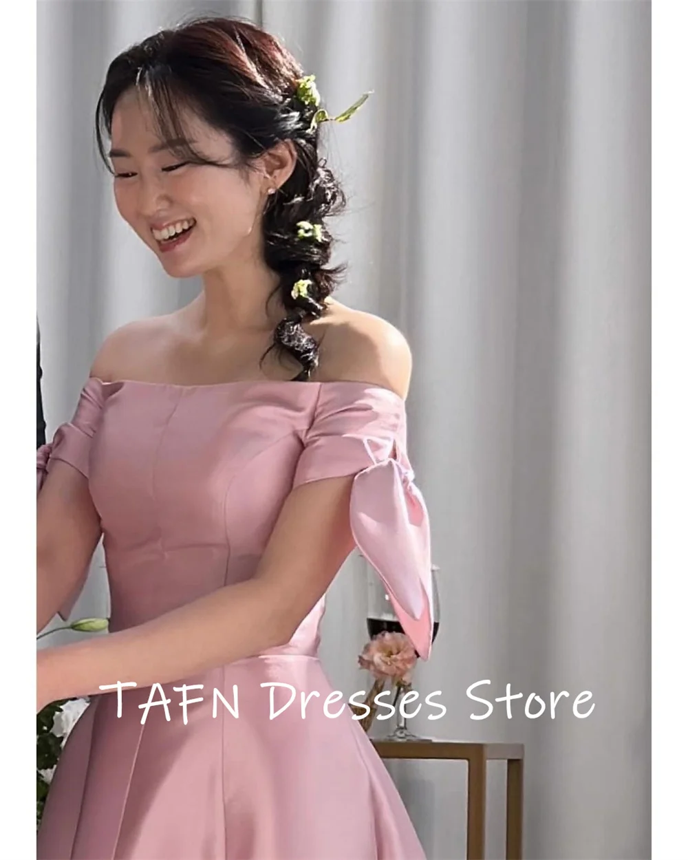 TAFN Pink Boat Neck Evening Dresses A-line Off the Shoulder Korea Wedding Reception Dresses Elegant Bridal Gown Customized