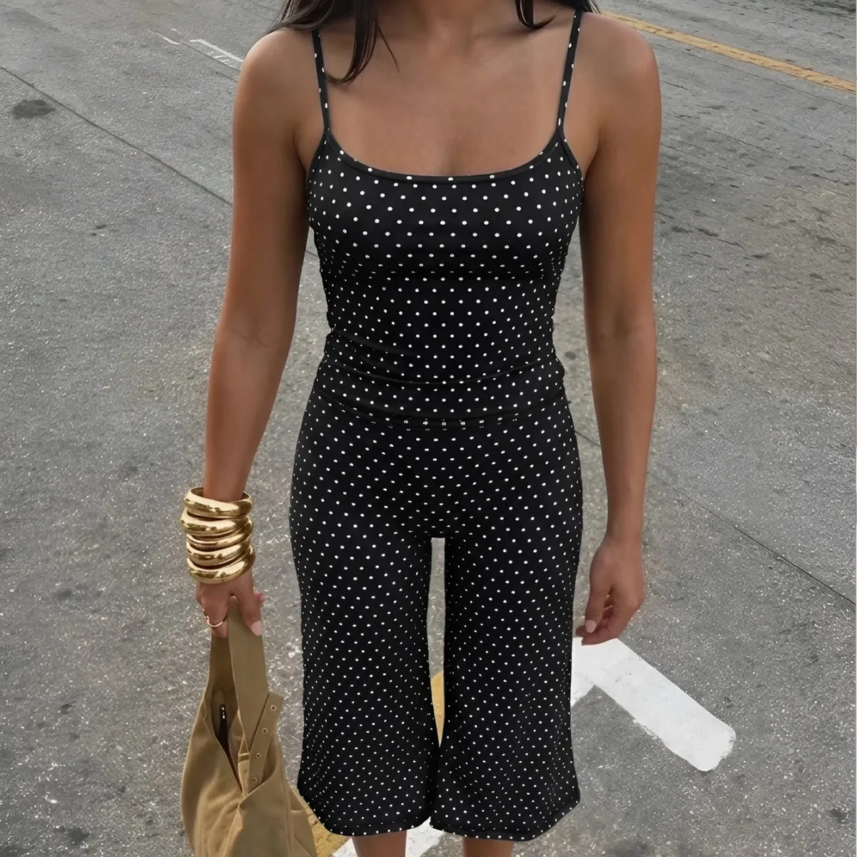 2Pcs Casual Polka Dot Tracksuit Women Black Spaghetti Strap Cami Top Fold Waist Wide Leg Pants Gym Fitness Outfit Sportswear