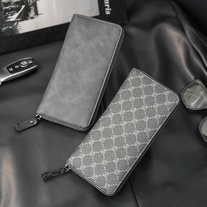 Men's High Quality Pu Leather Long Wallet Mobile Phone Card Clip Coin Purse Pattern Plaid Wallet Large Capacity