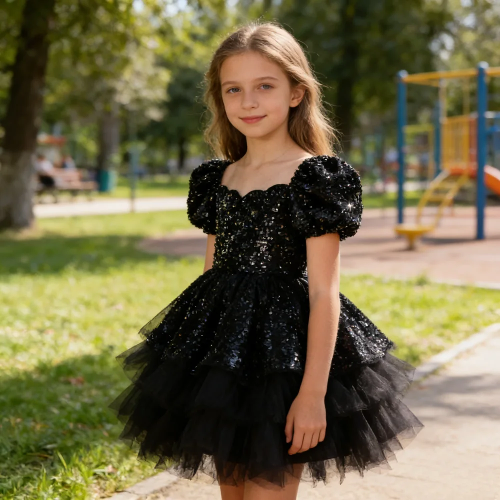 

Party Dress Glitter Girls First YearRecital Outfit Host Performance Skirt Children Costume Birthday Pageant Gown Kids Piano