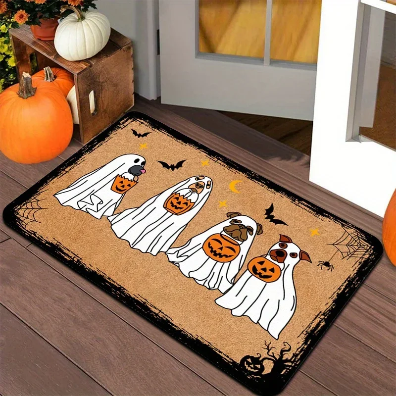 1pc Halloween Ghost Dog Entryway Area Rug, Indoor & Outdoor Decor Floor Mat Featuring Ghost Dog Holding Pumpkin Basket