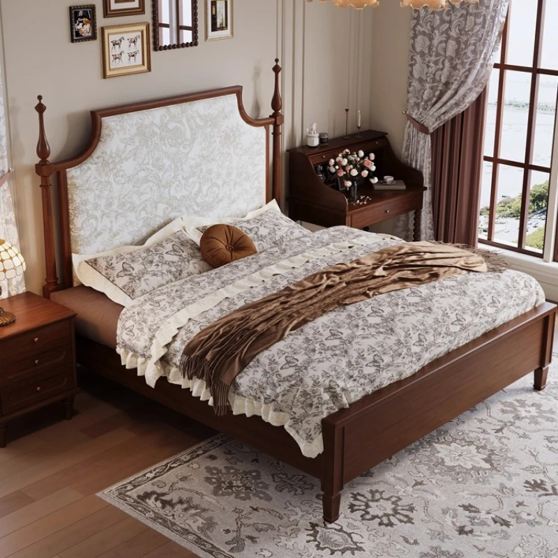 

French retro solid wood master bedroom king size bed American medieval high-end atmospheric soft bag bed simple and beautiful