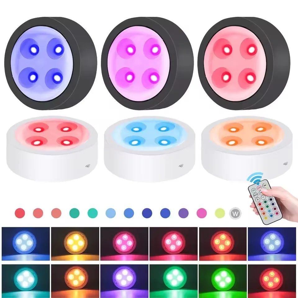 3AA Battery Operated RGB Color Changing Wireless Under Cabinet Lighting LED Puck Light with Remote Control