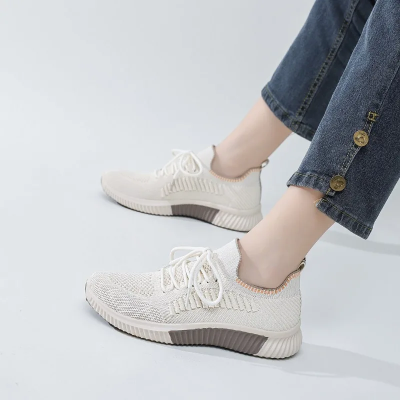 Zapatillas de correr con cordones para mujer, zapatos deportivos de tela Beige, cómodos, ligeros, antideslizantes, informales, para gimnasio y trabajo