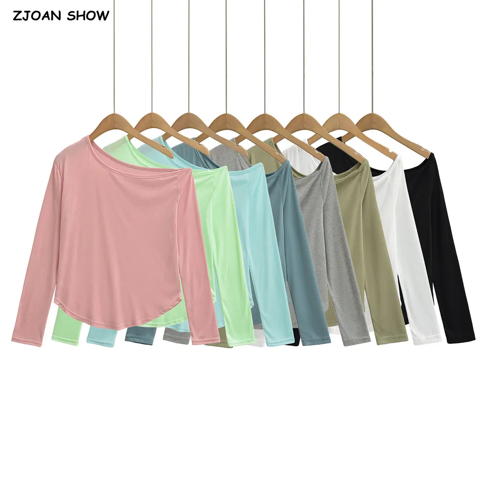 8 color Screw Collar Single Shoulder Long Sleeve Tee Sports Spring Summer Girl Diagonal Neckline Loose T-shirt Pullover Crop Top