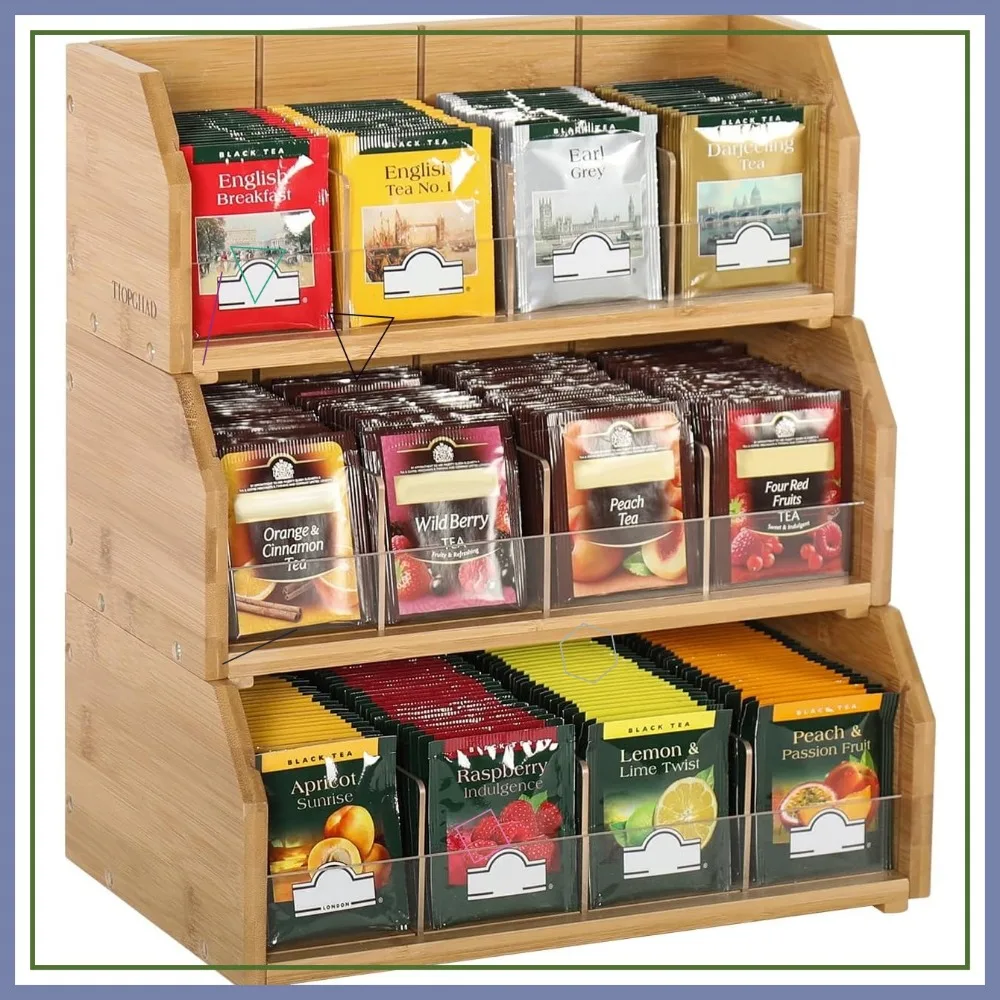 

3-Tier Stackable Bamboo Tea Bag Organizer with Adjustable Compartments for Kitchen Countertop