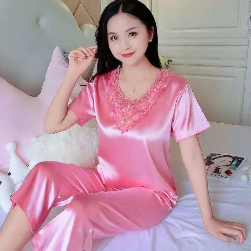 Plus Size 3XL Satin Pajamas Set Women\'s Pajamas Casual Pants 2 Piece Set Sleepwear Female Home Suit Sets Nightwear