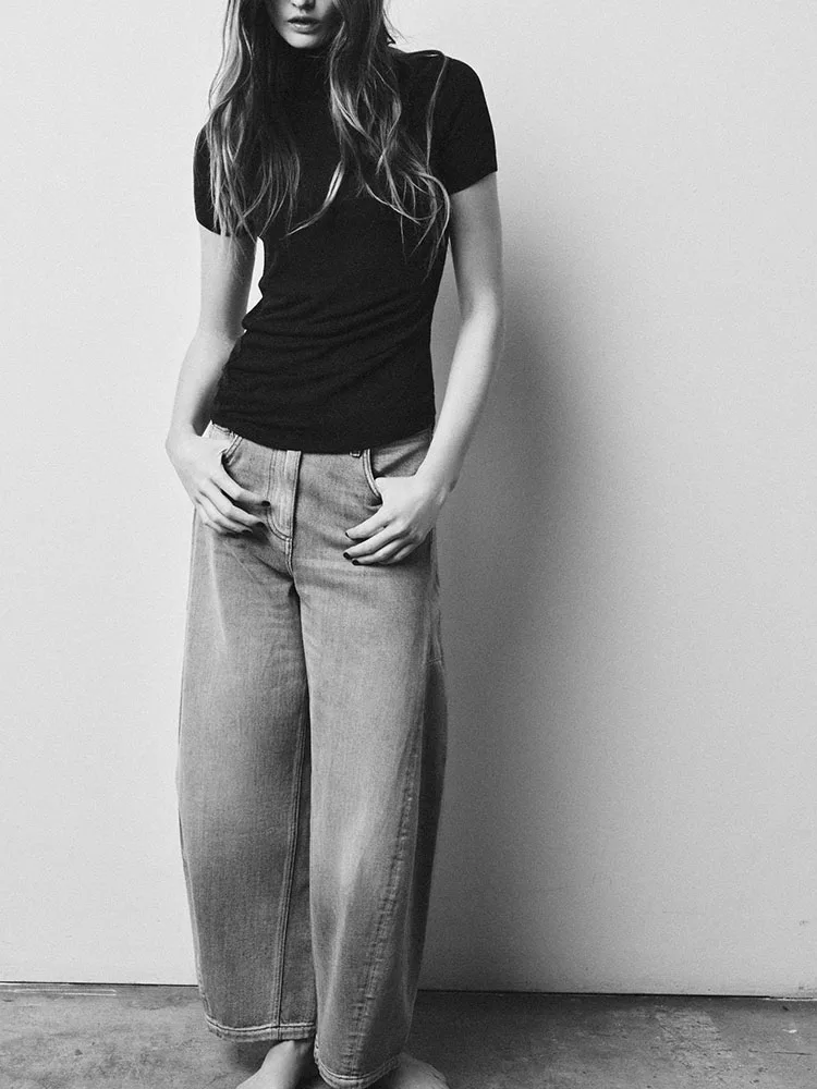 

Элитный асимметричный трикотажный топ с высоким воротником и прямыми штанинами, весна 2026, новинка, женская трикотажная одежда, повседневный топ