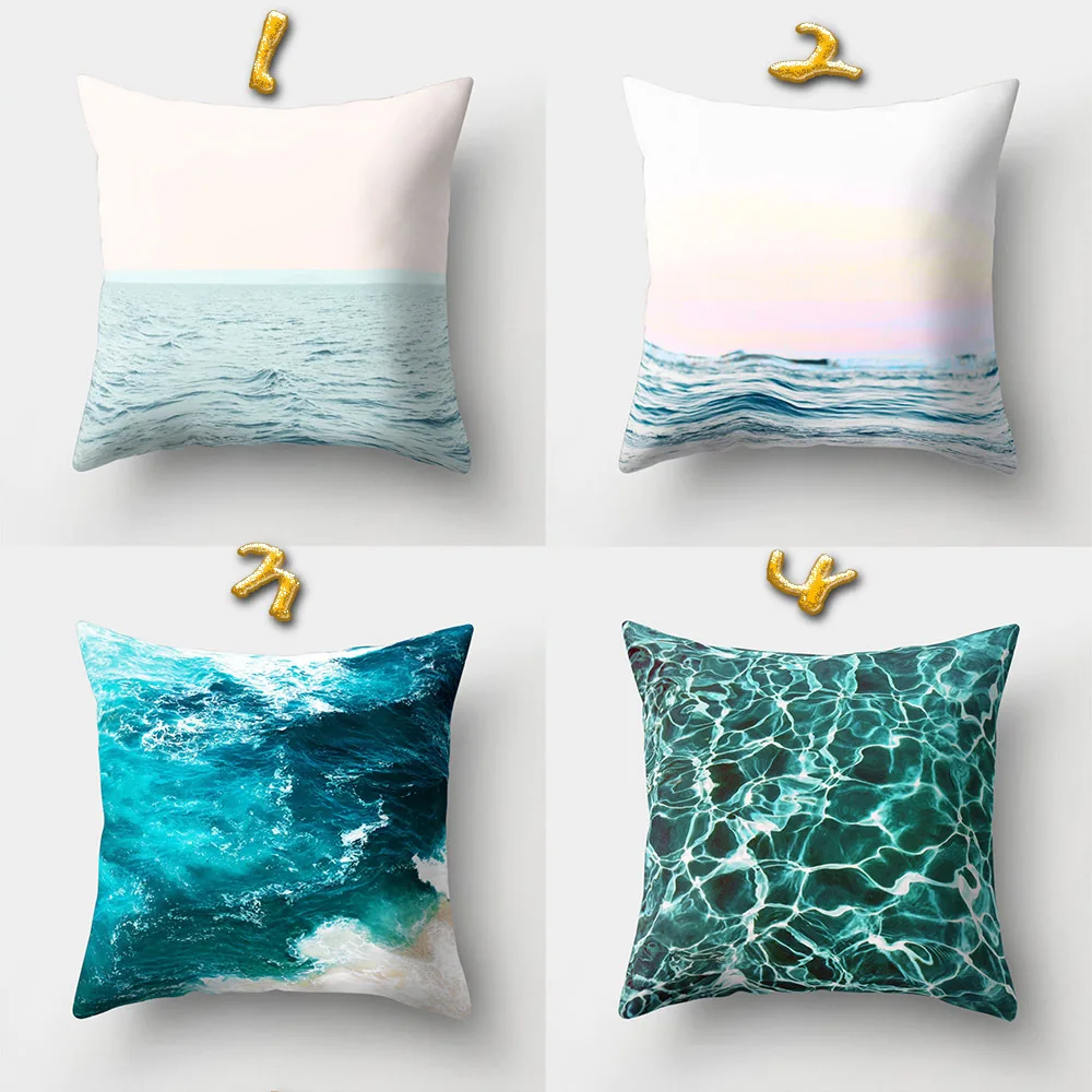 Sea Waves Beach Pillowcase Office Cushion Creative Home Car Lumbar Cushion Cover Sea View Pillow Cover Pillow Case 45x45cm Seat