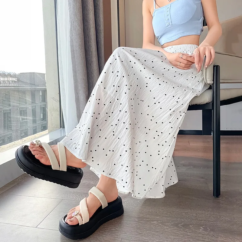 

Юбки в горошек, женские летние новые большие тонкие трапециевидные эластичные юбки с высокой талией, нежный элегантный корейский стиль, темпераментный дизайн, уличный