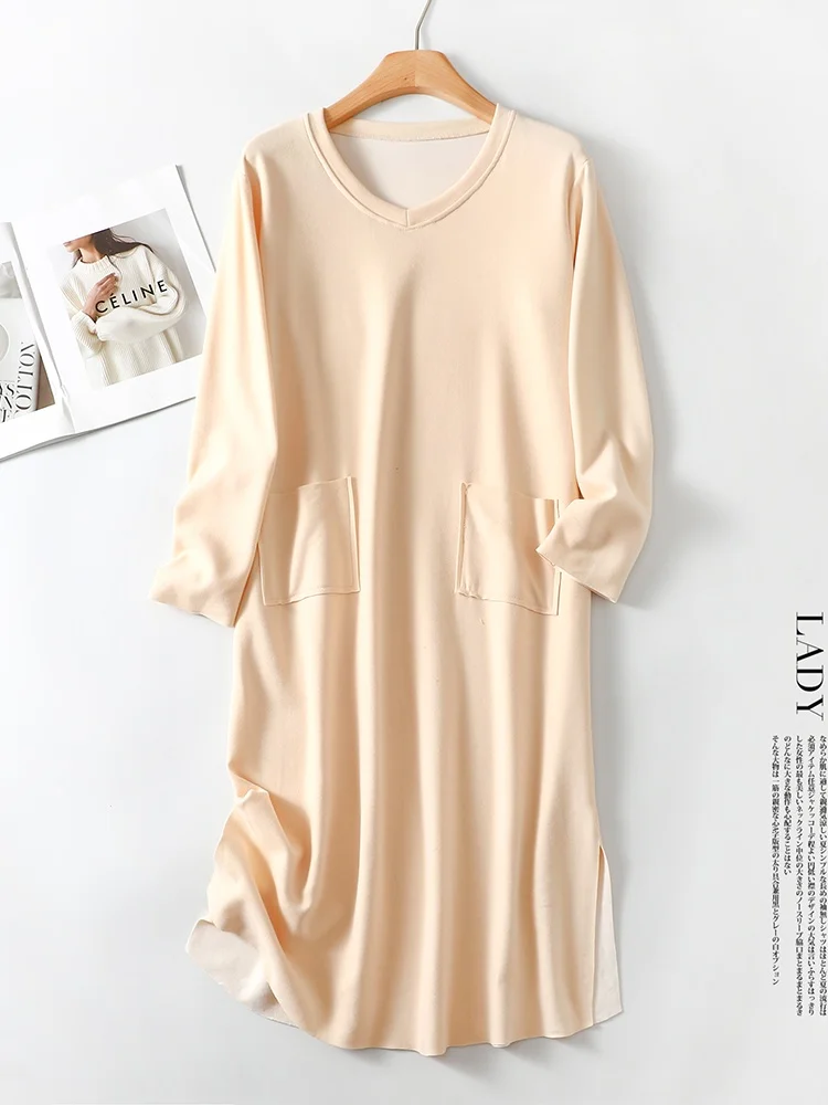 Thickened Fleece Lined V-Neck Home Dress Women's Winter Sleepwear plus Size Loose Long Knee-Length Robe Self-Heating