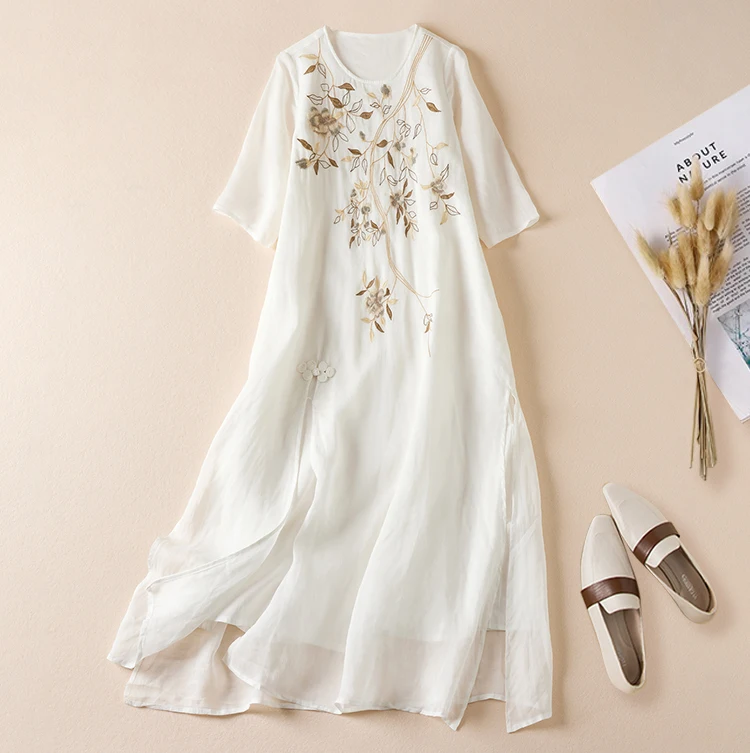 2024 Summer Women Flower Ramie Long Dress Embroidery Round Neck Half Sleeve Loose Casual A Line Soft Vintage Dresses X1013