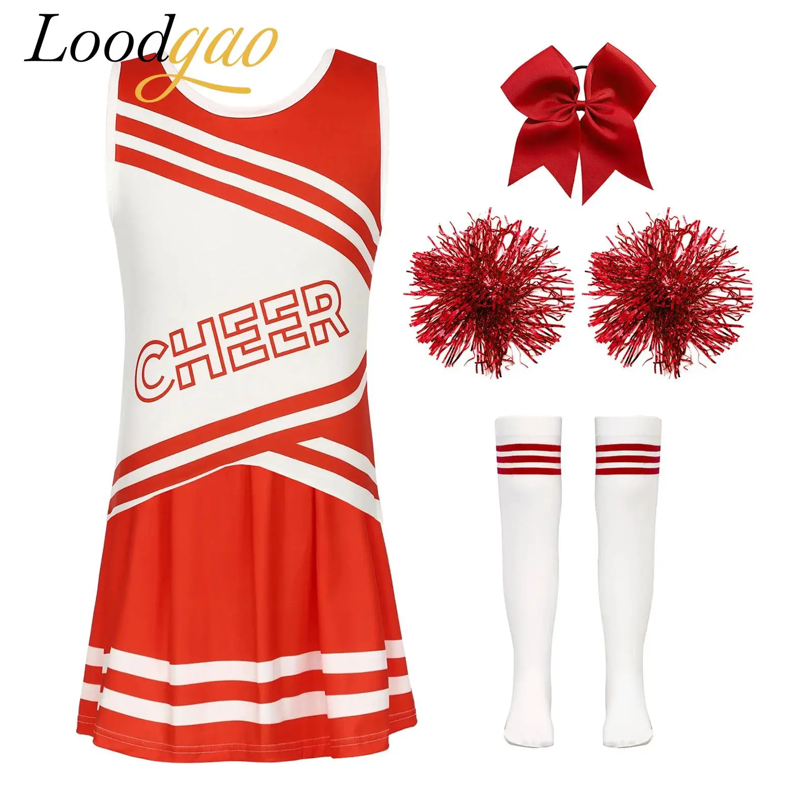 

Костюм болельщика для девочек на Хэллоуин, комплект униформы, танцевальный наряд для поддержки, униформа для черлидинга с цветочными шариками, носки