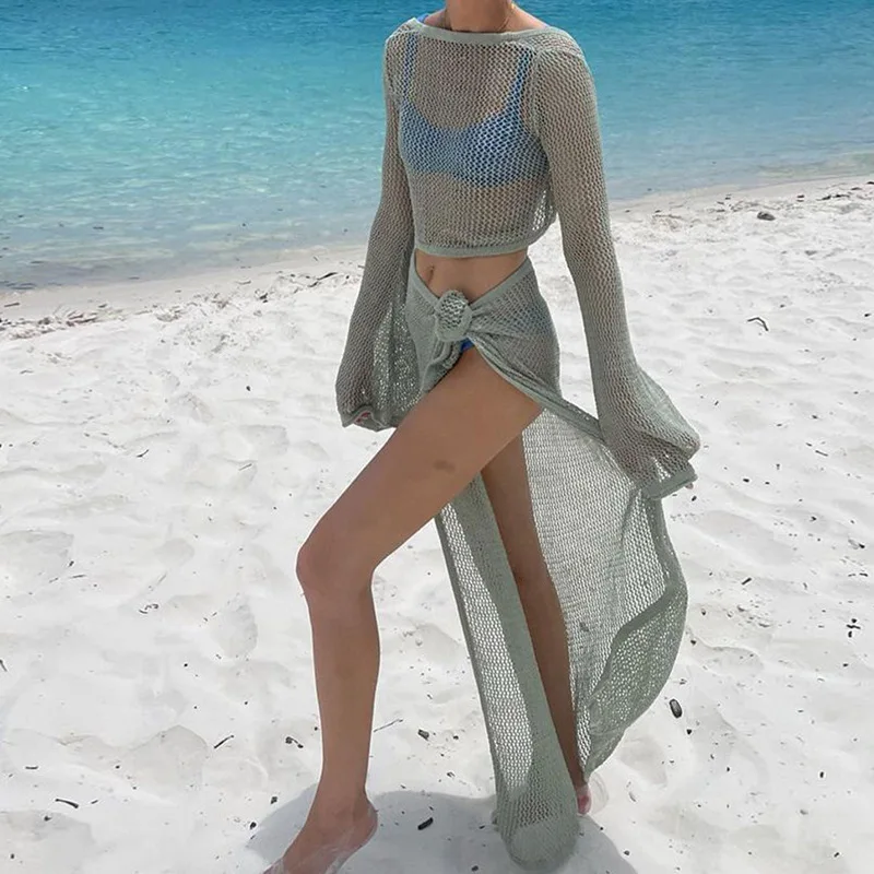 

Hollow Out Long Sleeved Knitted Two-Piece Short Top, Beach Tied Skirt Set, Women's Dress Set