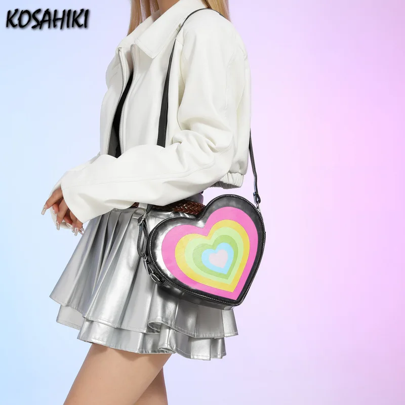 

Fashion Simple Sweet Heart Women's Handbags Contrast Color Vintage Streetwear Shoulder Bag Harajuku Y2k Aesthetic Crossbody Bags