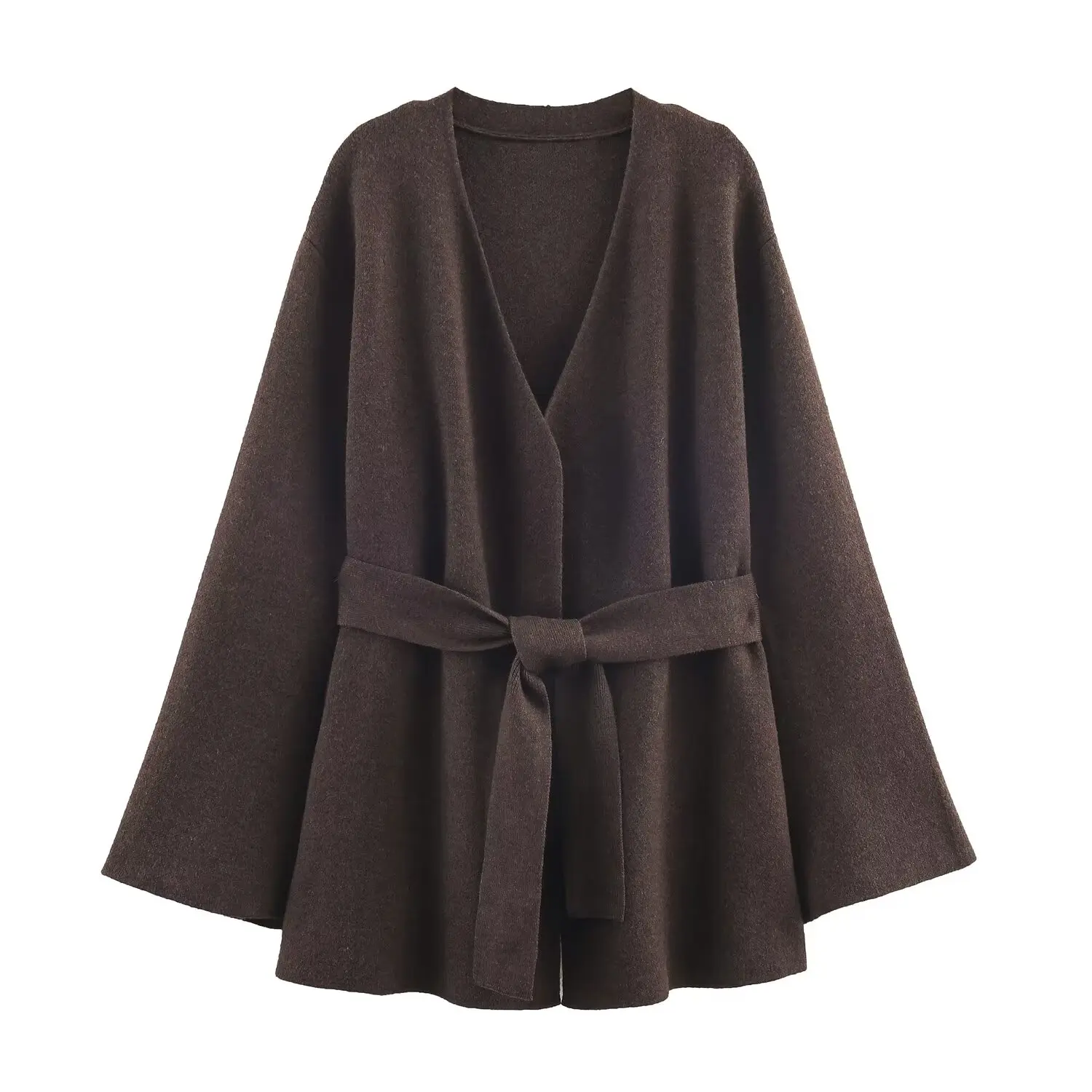 KASLEAD New Women's Faion Simple Knitted Belted Jaet V-ne Mid-length Polyester Fiber Long Sve Winter Outerwear