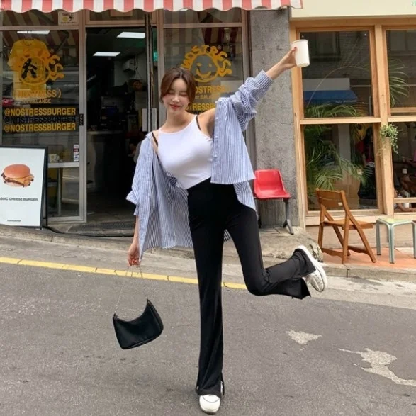 Taille haute élastique coupe ajustée pantalons longs pantalon tricoté décontracté taille haute jambe fendue pantalon Long décontracté femme Faion