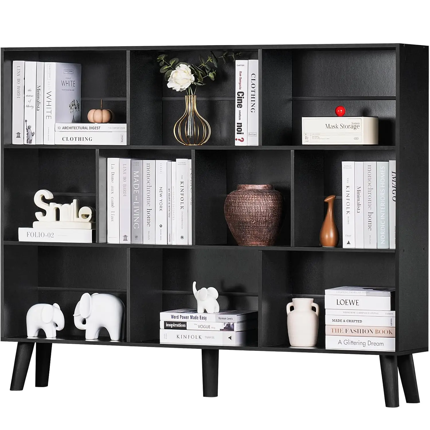 10 Cube 3 Tier Bookcase Legs Black Mid-Century Modern Wide Free Standing Open Storage Organizer Shelf , Customized