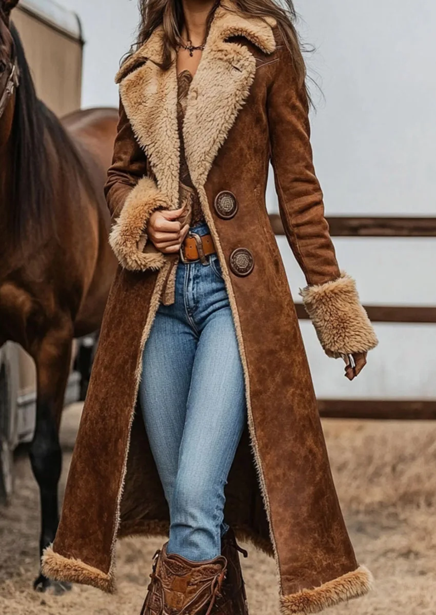 เสื้อโค้ทยีนส์ผู้หญิงสไตล์คาวบอยย้อนยุค แจ็คเก็ตฤดูหนาวอุ่นสบาย คอปกขนเฟอร์ สไตล์เรโทรลำลอง