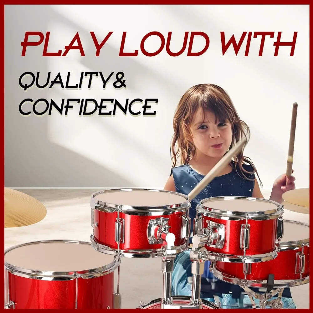 مجموعة طبول جونيور كاملة مكونة من 5 قطع للأطفال مع صنج نحاسي أصلي مع طبلة جهير مقاس 16 بوصة، توم توم، كمين، صنج، طبلة عالية النغمة #4