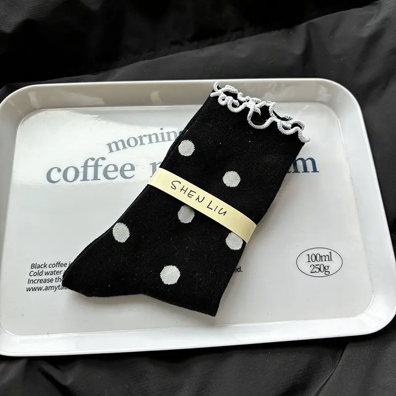 Women Polka Dot Ruffle Frill Cuff Mid Calf Stackable Socks Japanese Sweet Style Thin Slouch Socks Match Loafers Leather Shoes