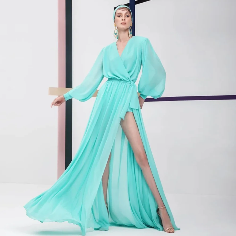 

Fashion V-Neck Ruched Evening Dress High Quality Long Sleeves Customized Prom Dresses Temperament Blue Chiffon Celebrity Gowns