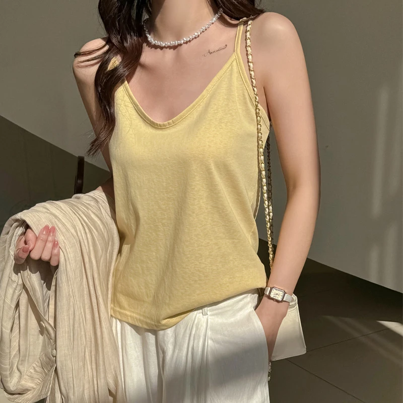 Korean Cute Thin Strap Vest for Women Spring Summer Versatile Minimalist V-Neck Tank Tops Woman Vintage Aestheic Camis Clothes