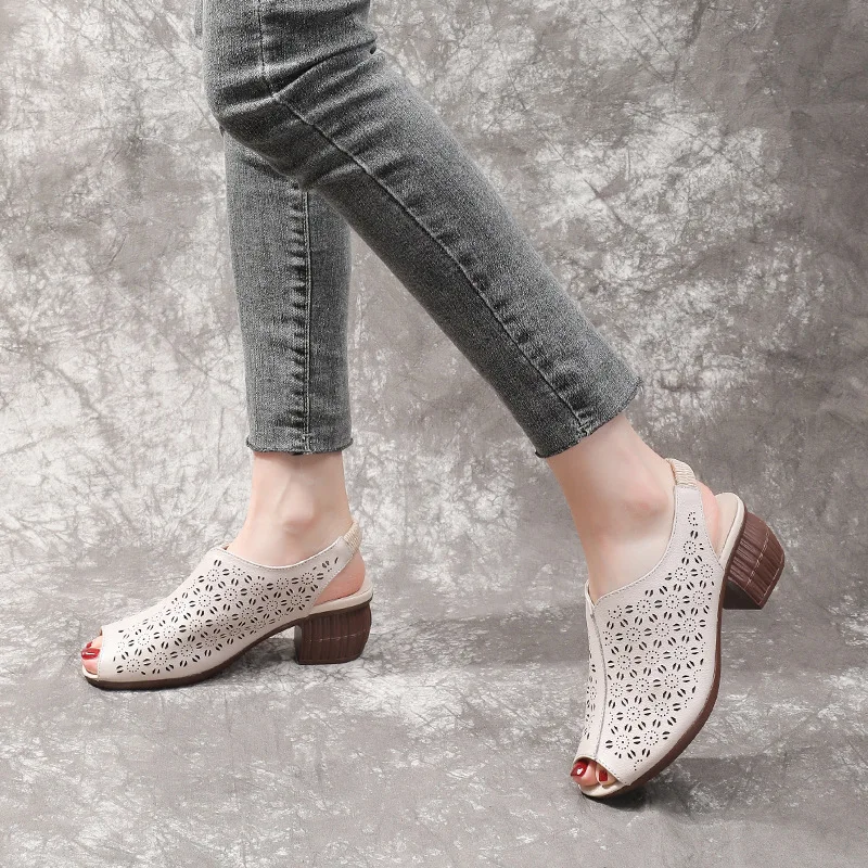 New Women's Sandals Thick Middle Heel Perforated Hollow Fish Mouth Soft Bottom Soft Cowhide Hole Shoes