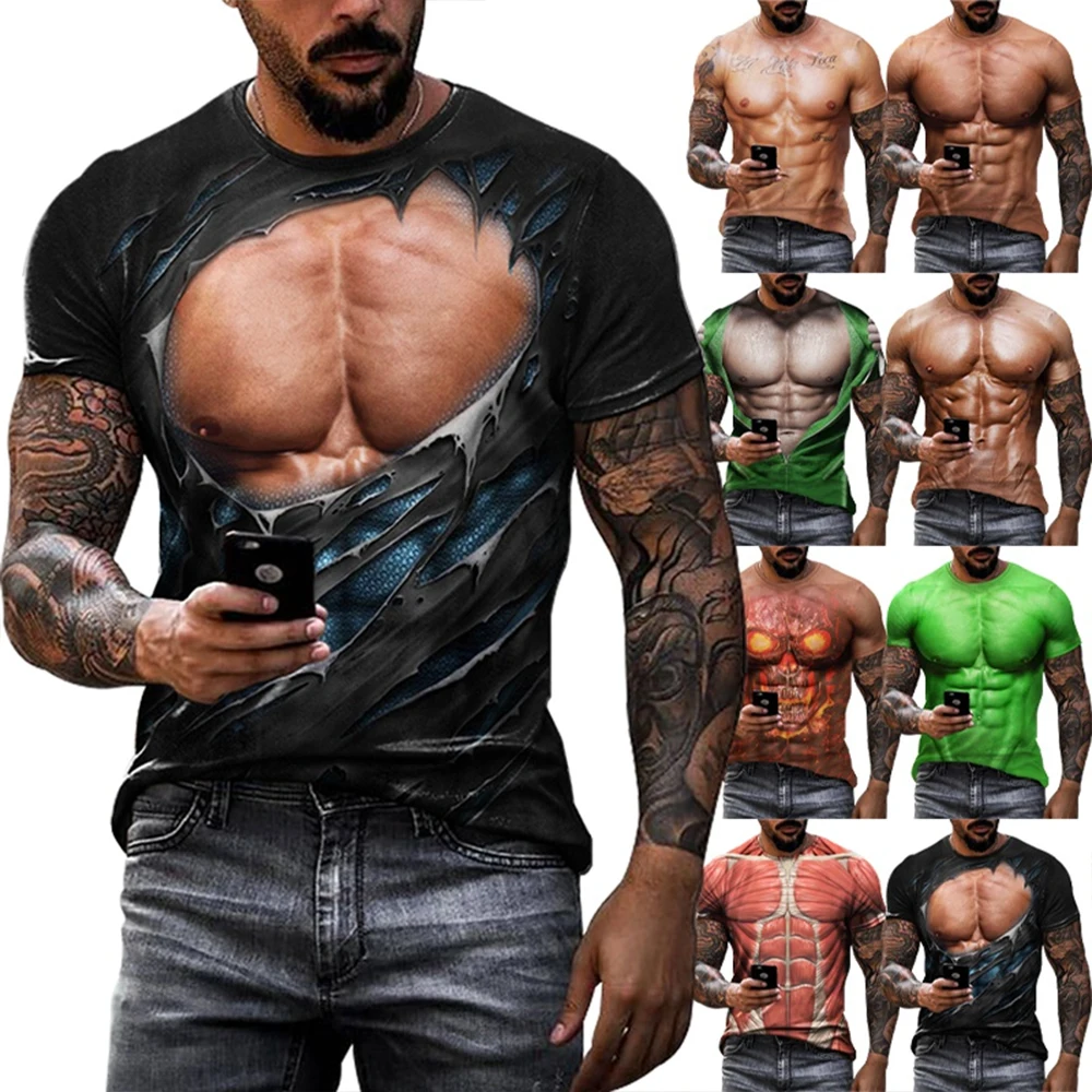 Summer Fun Muscle Men's 3D Printed Muscle Printed T-shirt Cool Fitness Sports Short Sleeve Casual Comfortable T-shirt