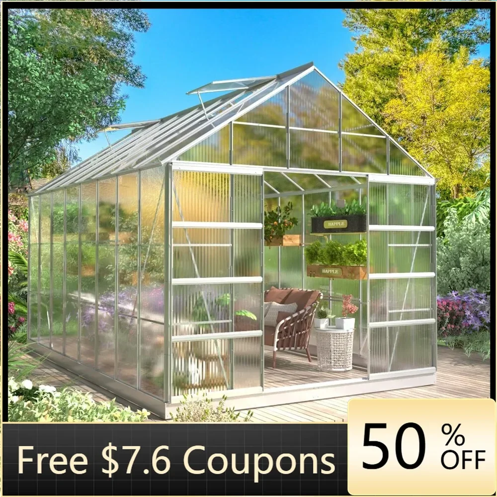 10' x 16' Outdoor Aluminum Greenhouse Polycarbonate with Adjustable Roof Vent and Sliding Door for Backyard Garden in Winter