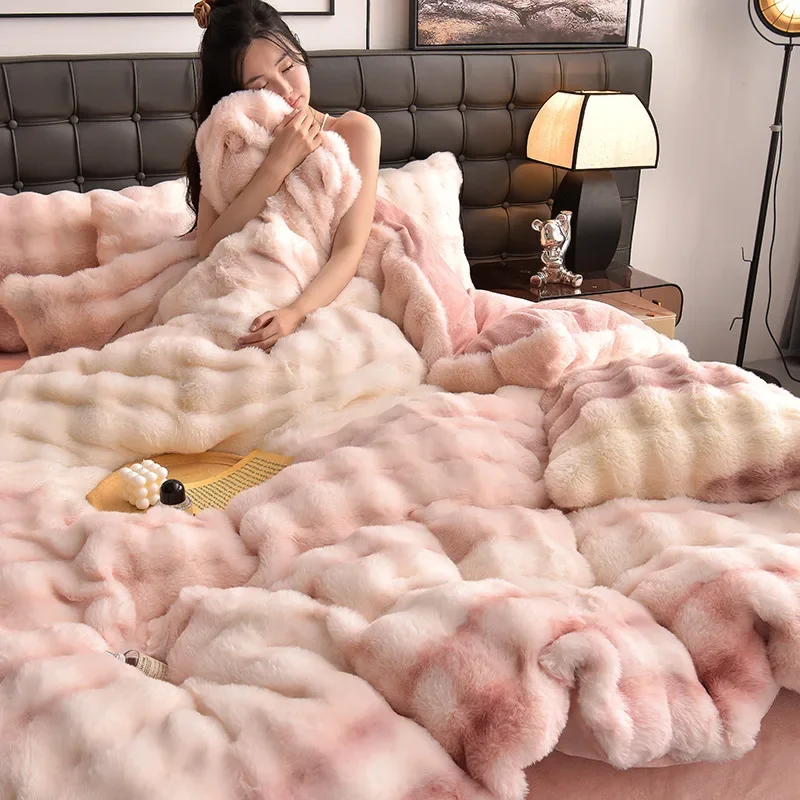 4Pcs Rabbit Plush Smooth Bedding Set Milk Velvet Machine Washable Bedclothes Anti-static Colorfast Breathable Warmful Bed Cloth