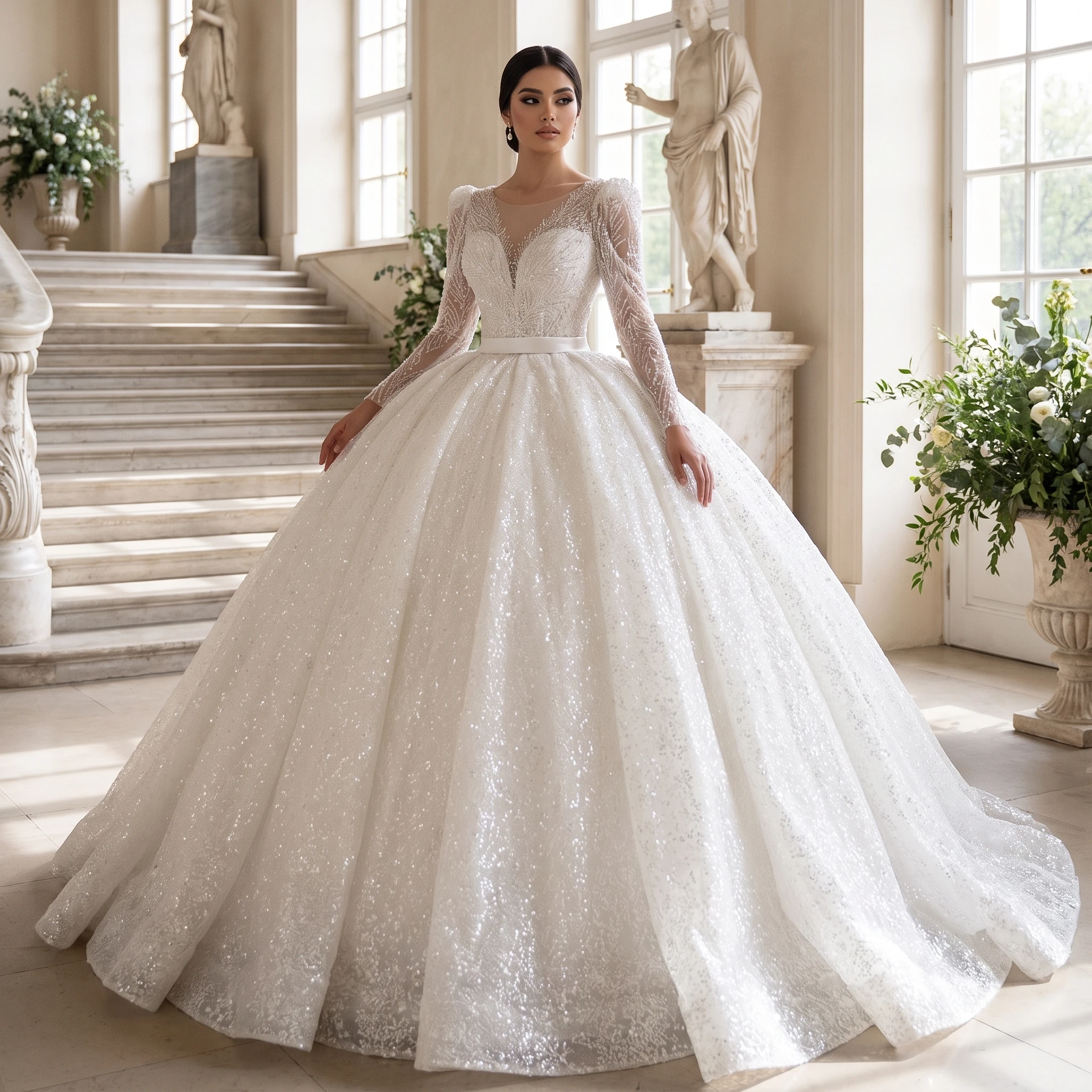 Luxury O-neck Wedding Dress With Long Cloak Glitter Crystals Bridal Dresses Custom Made Wedding Gowns vestidos de novia boda