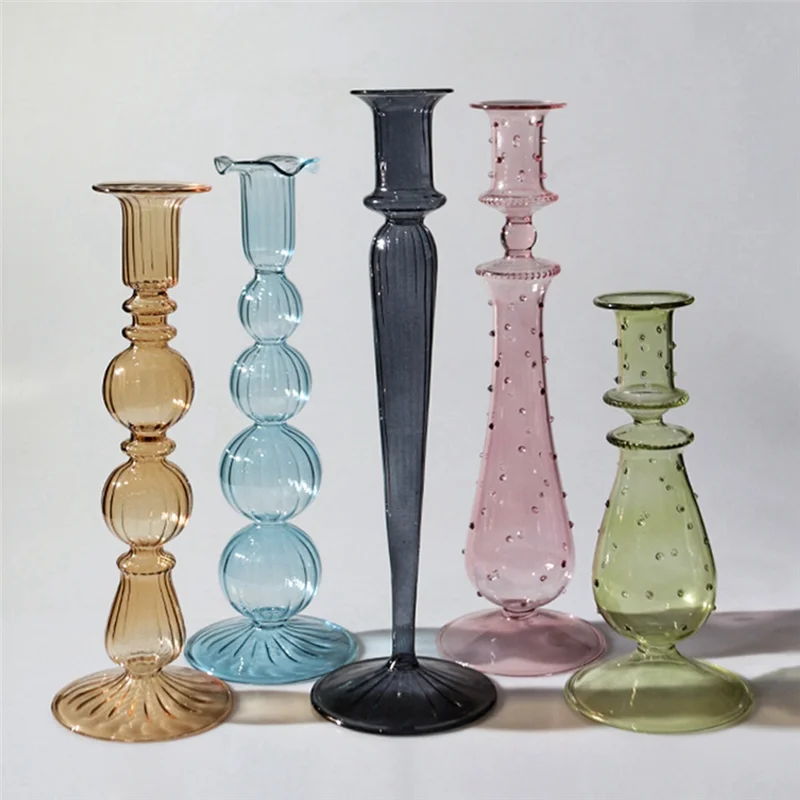 

High Quality-Romantic Glass Candle Holder Vintage Glass Candlestick Hydroponic Transparent Vase European Style Gift,Romantic Gla