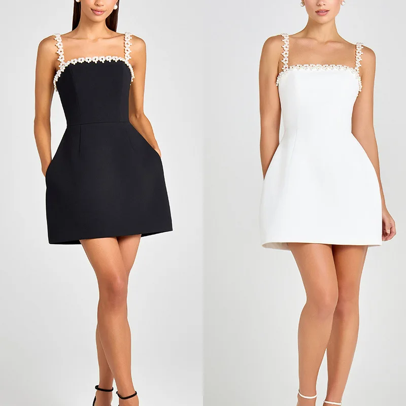 

2026 New Summer Sexy Beaded Strap Solid Color Short Dress For Women Summer Dresses 2026 Elegant Beach Vestidos Clothing