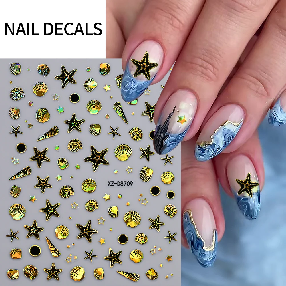 12Pcs3D Laser Schwarz Gold Sommer Marine Leben Nail art Aufkleber Seestern/Muschel/Shell Maniküre Aufkleber Herz Linie klebstoff Nagel Slider