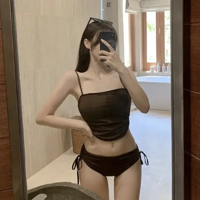 Sexy Black Bandeau Swimwear Korean 2024 Women Drawstring Swimsuits Swimming Bathing Suit Brazilian Bikinis Set Mujer Biquini