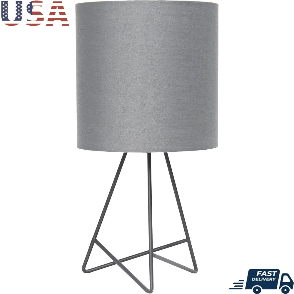 

Modern 14 Inch Wire Table Lamp with Gray Drum Shade Living Room Bedroom Office Compact Design Easy Use