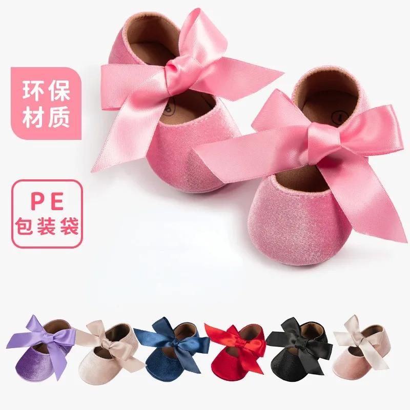 

Multi Colored Ribbon Plush Baby Shoes Princess Style Anti Slip Baby Dress Dance Shoes Soft Soled Casual Walking Shoes