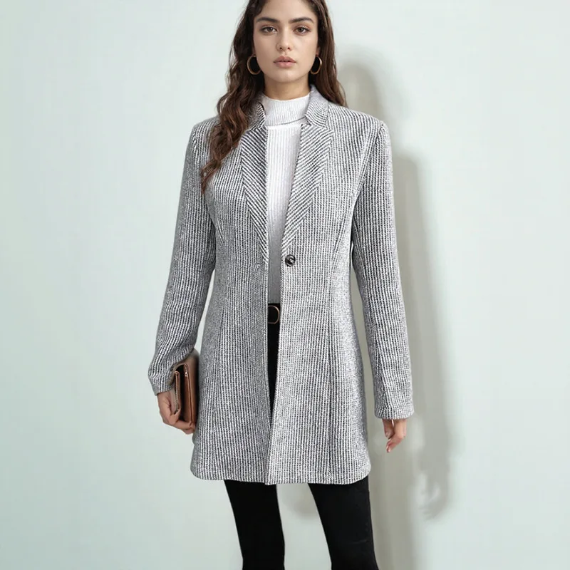 

Casual Women's Vertical Stripe Woolen Coat Zipper Autumn Winter Outerwear Long Sve Stand Collar Mid-Length Button Detail