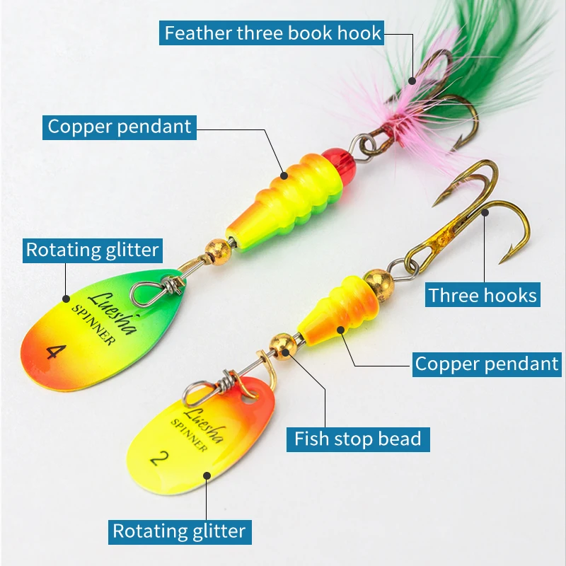LUSHAZER 5pcs/lot Spinner Bait Fishing Lure Spoon Feather Saltwater Lure bass bait With Feather Treble Hooks Wobblers
