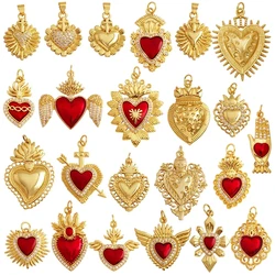 Ciondolo a forma di cuore rosso sacro Vintage ciondolo con ciondolo in zircone d'amore ala di moda placcato in oro reale 18 carati per risultati di forniture per la creazione di gioielli