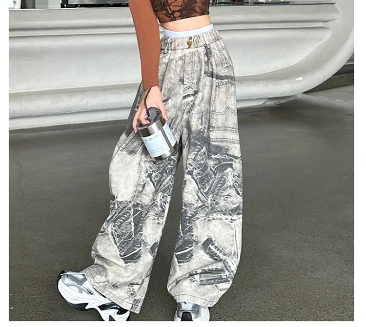 Amerikanischer Stil Mädchen High-Street-Jeans mit Zeitungsaufdruck für Kinder, Gerade, Lose, Weites Bein, Denim-Hosen, Kinder-Y2K-Jeans – Detail 7